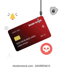 Conceito de crime cibernético: cartão de crédito no gancho simbolizando roubo de identidade, fraude financeira, fraude digital e violação de segurança bancária on-line