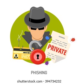 Concepto de delito cibernético con íconos planos para volante, afiche, sitio web sobre phishing temática.