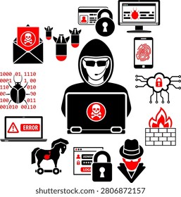 Cyber Crime Concept Cyber Crime Concept for Flyer, Poster, Web Site, Printing Advertising Like Hacker, Virus and Spam Flat Icons. Isolated vector illustration.