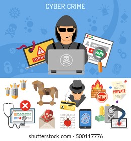 Cyber Crime Concept For Flyer, Poster, Web Site, Printing Advertising Like Hacker, Thief And Social Engineering Flat Icons. Isolated Vector Illustration.