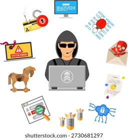 Cyber Crime Concept com Hacker Cyber Crime Concept com ícones de estilo plano como Hacker, Vírus, Bug, Erro, Spam e Engenharia Social. ilustração vetorial