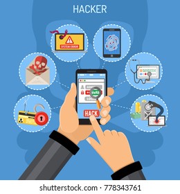 Concepto de delito cibernético. Hacker sosteniendo el smartphone en la mano y hackea la contraseña. Iconos planos Hacker, Virus, Bug, Spam e Ingeniería Social. ilustración vectorial