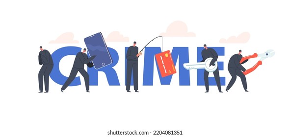 Cyber Crime Concept. Hackers And Criminals Phishing, Stealing Private Personal Data, Email And Credit Card. Anonymous Characters Attacking Computer Poster, Banner or Flyer. Cartoon Vector Illustration