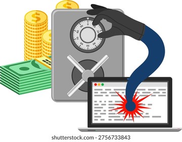 Cyber Crime Concept Internet Security and Cyber Crime Concept with Flat Icon Like Safe, Laptop, Money and Bruteforce. Vector for Flyer, Poster, Web Site and Printing Advertising.