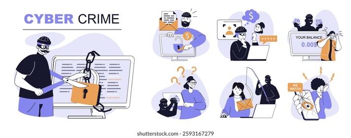 Cyber crime concept set in flat web design. People in isolated scenes suffering from stealing data and hacking credit cards, phishing passwords, hackers attack and spy online. Vector illustrations.