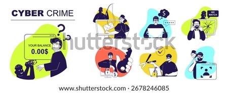 Cyber crime concept set for web design. Collection with people suffering from hacking credit cards and stealing money, phishing passwords, hackers attacks, scam and spy online. Vector illustration.