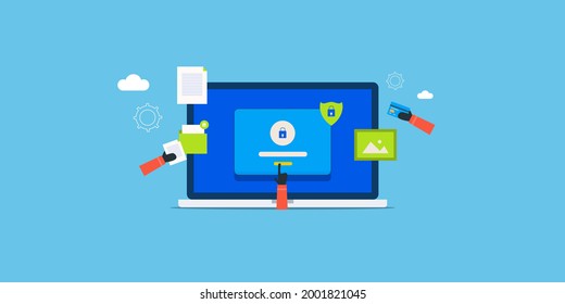 Cyber crime, cyber data breach, security breach, cyber attack, hacking - conceptual flat design vector illustration with icons