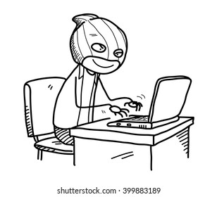 Cyber Crime Doodle, a hand drawn vector doodle illustration of a hacker trying to hack someone's bank account.