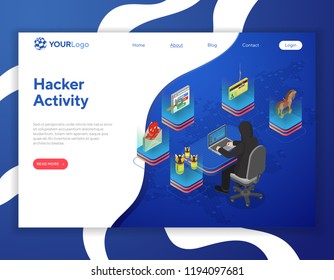 Cyber crime and Hacker activity concept. Hacker sitting at table and hacking data through Internet on laptop. Internet Security vector isometric Icons virus spam login and Bug. Landing page template
