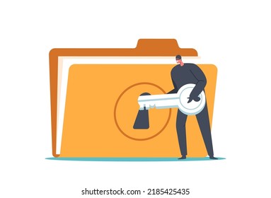 Cyber Crime, Hacker Attack, Stealing of Private Data Concept. Tiny Bulgar In Mask Open Huge Folder with Personal Information. Robber or Fraud Character Theft Info. Cartoon People Vector Illustration