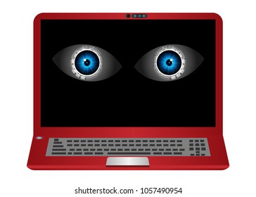 Cyber crime hacker concept vector illustrations. dangerous eyes in red notebook laptop isolated on white background. computer hacker cyber security data steal theft anonymous privacy  