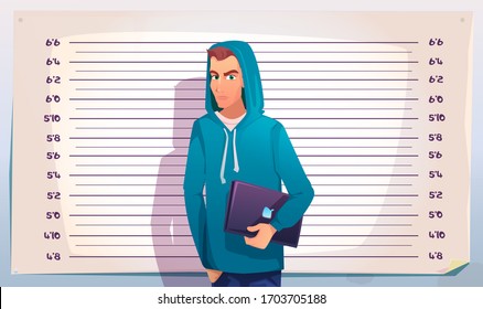 Cyber Crime, Hacker Mugshot. IT Criminal Teenager With Laptop Stand On Measuring Height Scale Background In Police Station. Man In Hoody Posing For Identification Mug Shot Cartoon Vector Illustration