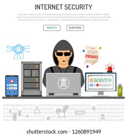 Cyber Crime, Hacking, Internet Security Concept with flat icons hacker, cloud, server, virus, hacking password. isolated vector illustration