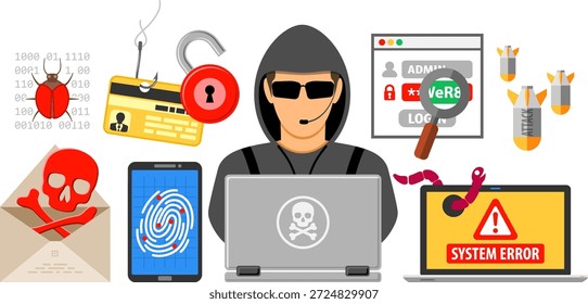 Ciberdelito, Hacking y Phishing Concepto Ciberdelito, Hacking y Phishing Concepto con iconos planos hacker, spam, virus, Contraseña de piratería. Ilustración vectorial aislada
