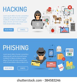 Cyber Crime Horizontal Banners For Flyer, Poster, Web Site, Printing Advertising Like Hacker And Social Engineering Flat Icons. Vector Illustration