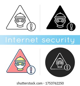 Cyber Crime Icon. Hacker Attack. Internet Fraud Threat. Information Stealing Alert. Data Phishing Warning. Linear Black And RGB Color Styles. Isolated Vector Illustrations