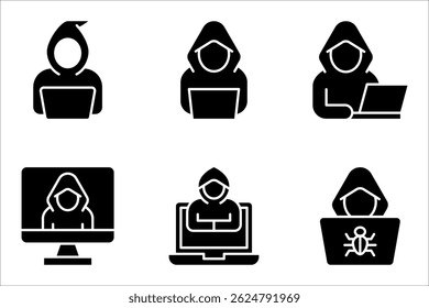 Conjunto de ícones de crimes cibernéticos. Ataques de hackers cibernéticos em computadores, ilustração vetorial em fundo branco