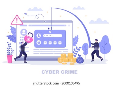 Cyber Crime Illustration Phishing Stealing Digital Data, Device System, Password, and Bank Document From the Computer  