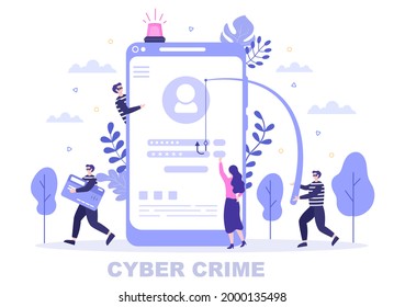 Cyber Crime Illustration Phishing Stealing Digital Data, Device System, Password, and Bank Document From the Computer  