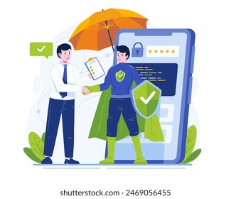 Cyber Crime Insurance Illustration. A Man Makes a Deal with an Insurance Agent to Safeguard Digital Data and Information Against Cybercrime Risks