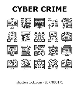 Cyber Crime Internet Business Icons Set Vector. Ddos And Ping Of Death Attack, Phishing And Teardrop Cyberspace Crime, Malware And Ransomware Line. Network Theft Black Contour Illustrations