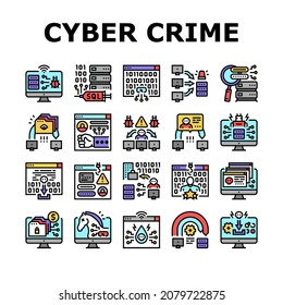 Cyber Crime Internet Business Icons Set Vektor. Ddos und Ping von Todesangriffen, Phishing und Teardrop Cyberspace Crime, Malware und Ransomware Line. Illustrationen von Netzwerkdiebstahlfarben