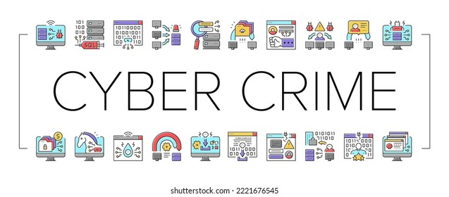 Cyber Crime Internet Business Icons Set Vector. Ddos And Ping Of Death Attack, Phishing And Teardrop Cyberspace Crime, Malware And Ransomware Line. Network Theft Color Illustrations