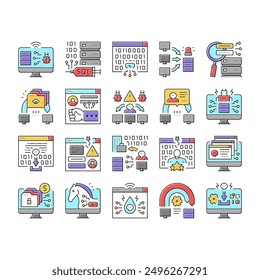 Cyber Crime Internet Business Icons Set Vector. Ddos And Ping Of Death Attack, Phishing And Teardrop Cyberspace Crime, Malware And Ransomware Line. Network Theft Color Illustrations