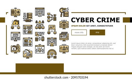 Cyber Crime Internet Business Landing Web Page Header Banner Template Vector. Ddos And Ping Of Death Attack, Phishing And Teardrop Cyberspace Crime, Malware And Ransomware. Network Theft Illustration