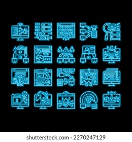 Cyber Crime Internet Business neon light sign vector. Ddos And Ping Of Death Attack, Phishing And Teardrop Cyberspace Crime, Malware And Ransomware Line. Network Theft Illustrations