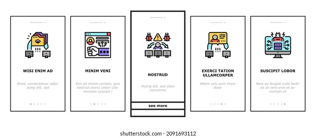 Cyber Crime Internet Business Onboarding Mobile App Page Screen Vector. Ddos And Ping Of Death Attack, Phishing And Teardrop Cyberspace Crime, Malware And Ransomware. Network Theft Illustrations