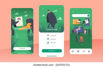 Plantilla de pantalla de la página de aplicaciones móviles de Cyber Crime. Los Hackers Filmaron, Robaron Datos Privados, Correo Electrónico Y Tarjeta De Crédito. Caracteres anónimos atacando el concepto de computadora. Ilustración de vectores de personas de caricatura