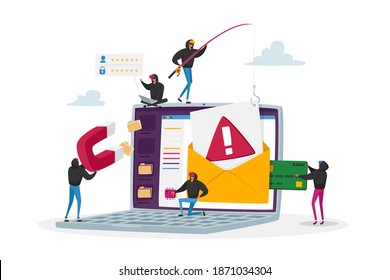 Cyber Crime, Password Phishing Concept. Hacker Attack, Hackers Bulgar Steal Personal Data. Internet Security, Tiny Character Insert Password on Website at Huge Pc. Cartoon People Vector Illustration