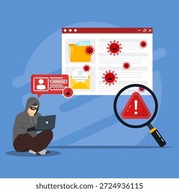 Concepto de cibercrimen y robo de datos personales. Mostrar a un hacker accediendo a correos electrónicos y archivos infectados. Destacar los ataques de malware, las violaciones de datos y los riesgos de phishing