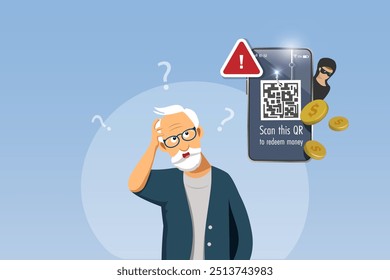 Cibercrimen, phishing, código QR. Hombre mayor confunde con la estafa de phishing de código QR en línea con el Enlace de fraude QR para robar dinero de la Cuenta bancaria. Vector.
