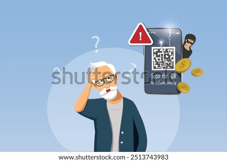 Cyber crime, phishing QR code. Senior man confuses with online QR code phishing scam with fraud QR link to steal money from bank account. Vector.
