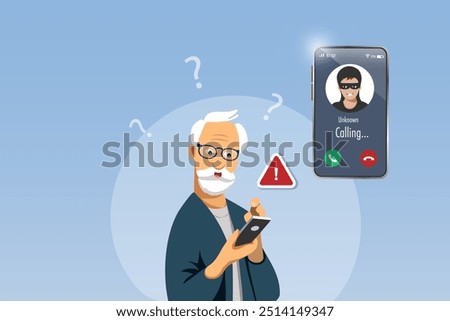 Cyber crime, phone crime calling. Unknown scammer calling senior man to lure and steal money from bank account. Cyber security awareness. Vector.