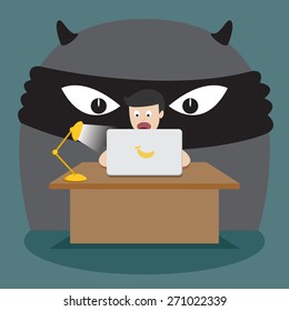 Cyber Crime Scene. Hacker, Internet Security and Crime Concept. Flat Design Vector Illustration.

