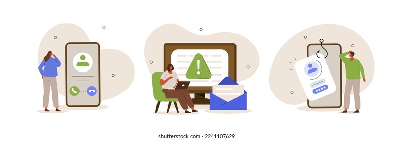 Cyber crime set. Characters loss personal data, answering a scam call and get spam mail with virus. Phishing, data breach and information leakage concept. Vector illustration.
