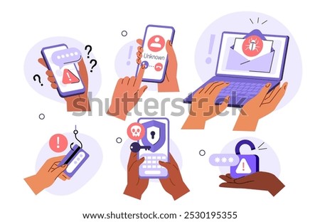 Cyber crime set. Characters loss personal data access, answering a scam call, get fraud mail with virus. Phishing, data breach, information leakage concept. Vector illustration.