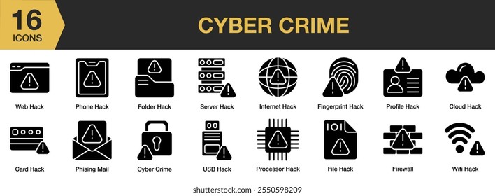 Cyber Crime solid icon set. Includes web hack, phone, server, folder, cyber, card, internet, file, and More. Solid icons vector collection.