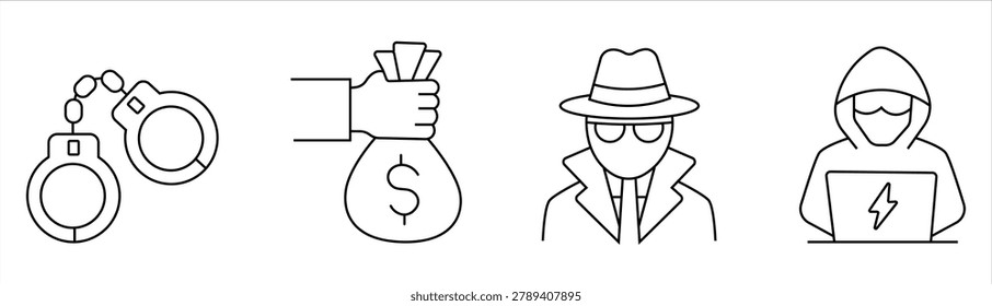 Cyber crime and thief line icon set featuring hacker, handcuffs, money bag, detective, stealing, computer virus, fraud and robbery. editable stroke vector set.