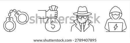 Cyber crime and thief line icon set featuring hacker, handcuffs, money bag, detective, stealing, computer virus, fraud and robbery. editable stroke vector set.