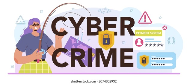 Cyber Crime Typographic Header. Hacker Stealing Personal Data. Thief Stealing Personal Data And Money From Computer Or Smartphone. Digital Data Protection And Database Safety. Flat Vector Illustration