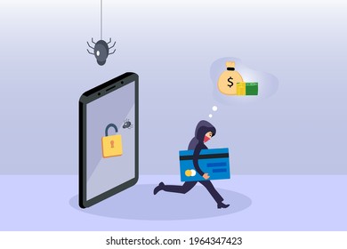 Concepto de vector de delitos cibernéticos. Hacker atacando smartphones y robando información de tarjetas de crédito