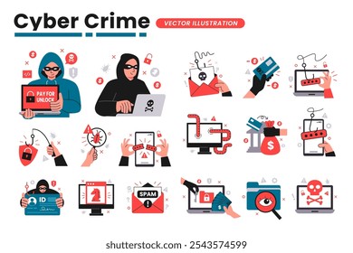 Cyber crime vector illustration set