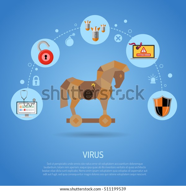 Cyber Crime & Virus\
Concept with Trojan Horse, Bomb, worm and Bug Flat Icons. vector\
illustration.