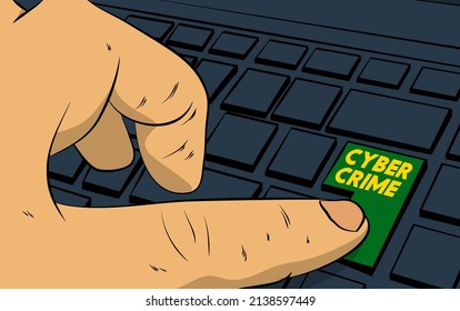 Palabra de ciberdelito en el teclado de la computadora. Hombre empuja el teclado en el portátil. Concepto de estilo de libro de historietas.