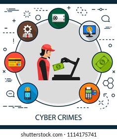 Cyber crimes flat icons concept. Vector illustration. Element template for design.