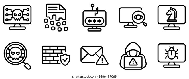 El icono de delitos cibernéticos establece una Colección detallada de estilo de línea para la seguridad digital